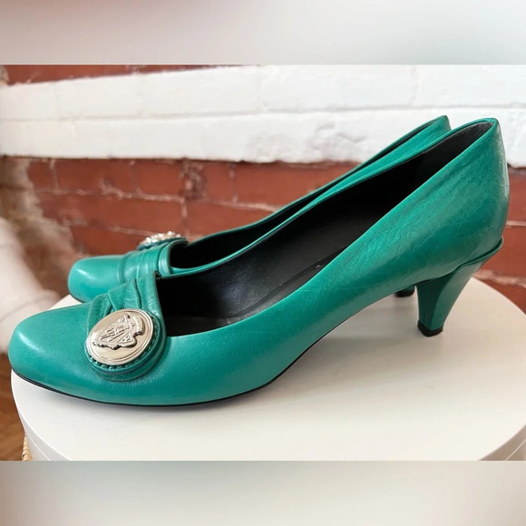 Gucci Tom Ford Hysteria Kitten Heel Pumps Turquoise Green Crest Aqua - Picture 3 of 15